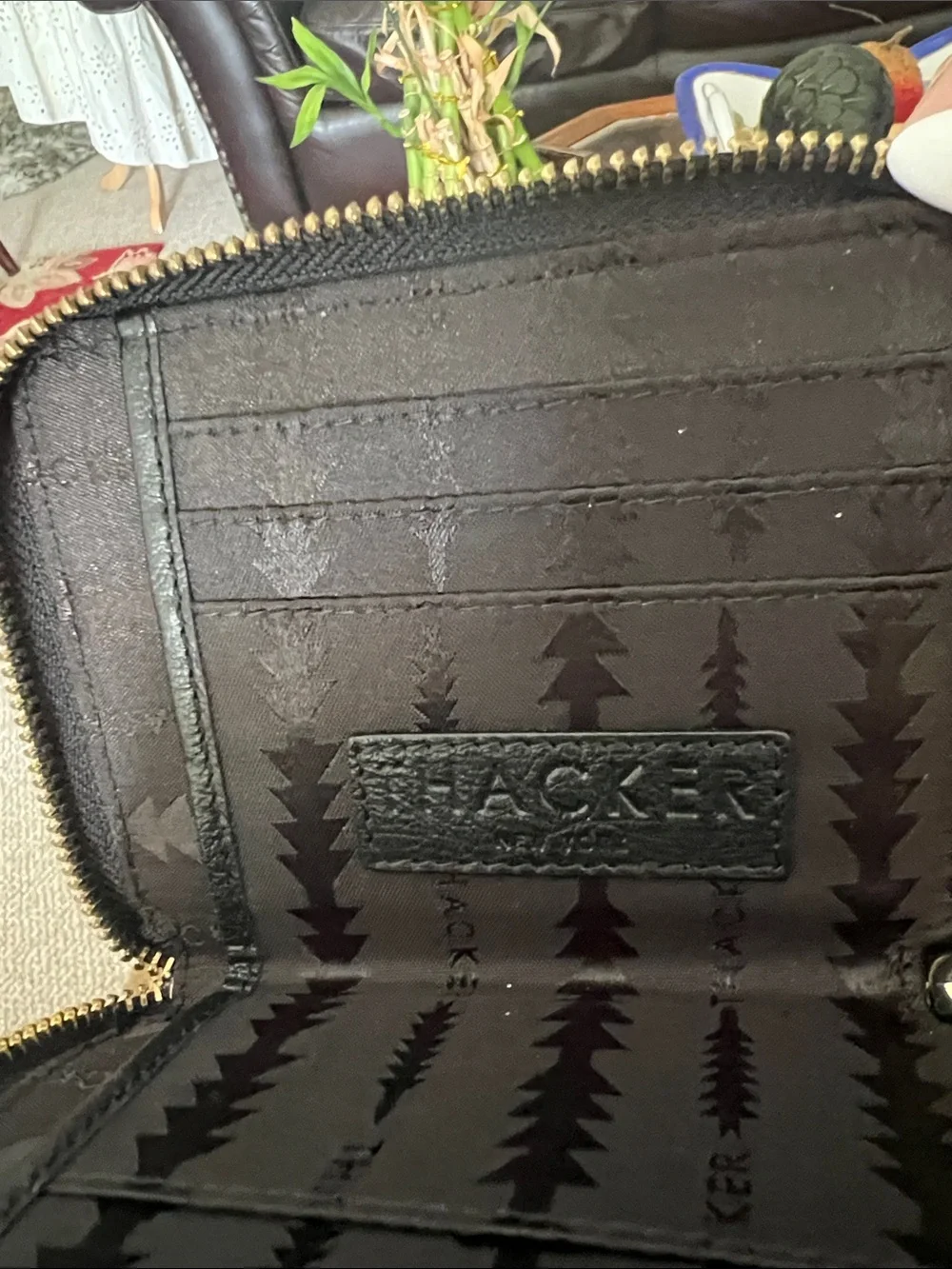 Thacker, Black Leather Zip Wallet with Golden Accent